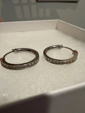 Fossil Steel Silver Crystal Hoop Earrings -
